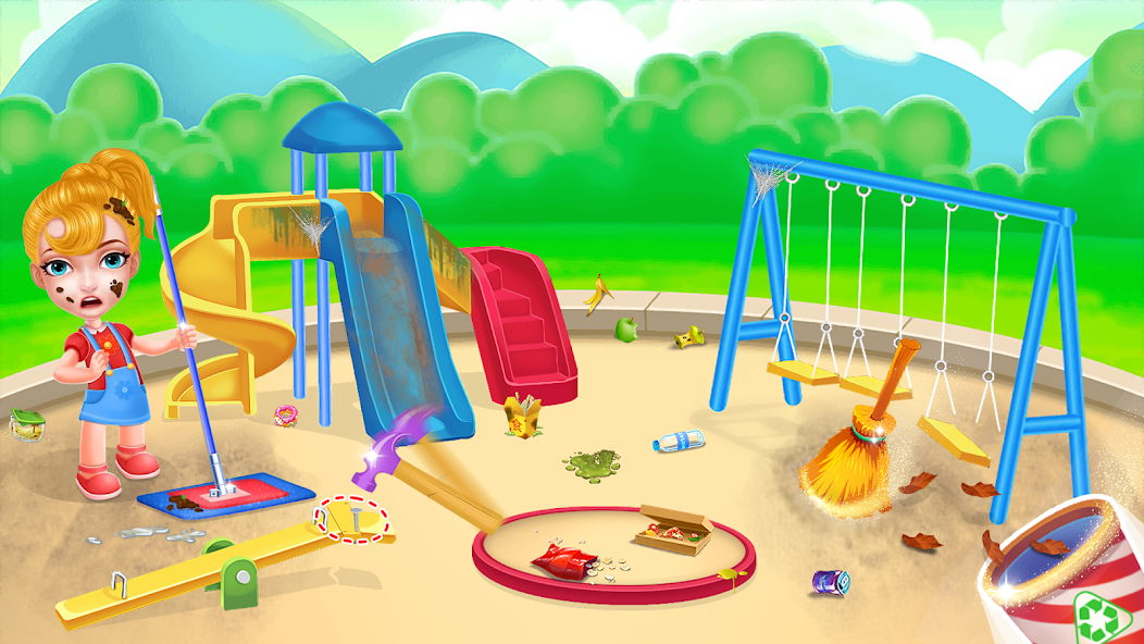 Girl home cleaning fun